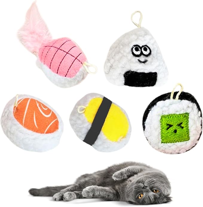 5 Pack Sushi Cat Toys, Interactive Catnip with Bells Inside Kitten Boredom Relief, Soft and Durable, Indoor Kitty Exercise Pet Toys-PurrikoPets
