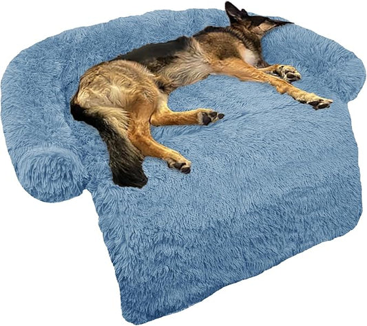 GGIB Calming Dog Bed Fluffy Plush Dog Mat for Furniture Protector with Removable Washable Cover for Large Medium Small Dogs and Cats (Large, Navy)-PurrikoPets