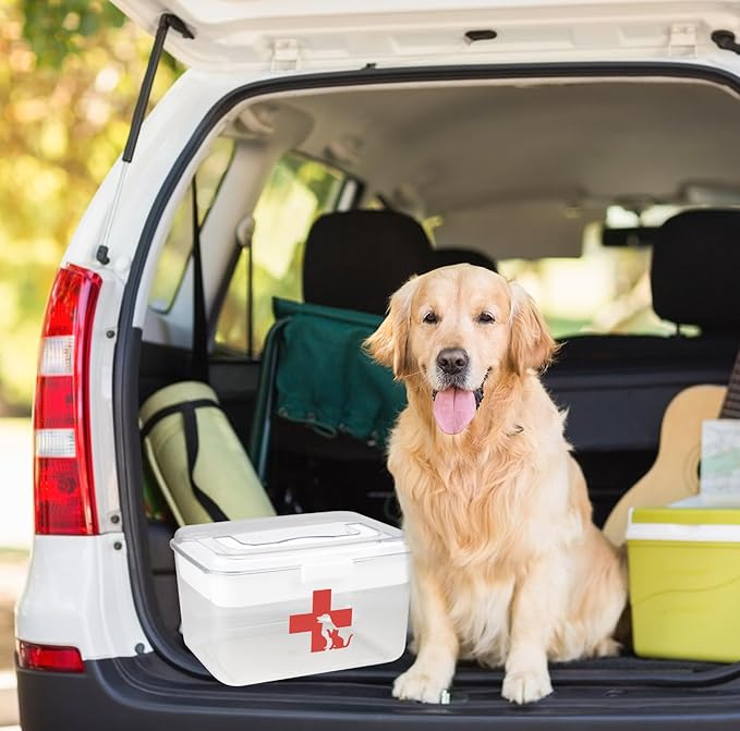 2 Layers Dog First Aid Kit box,Large First Aid Kit Bin,Medic Box for Dog Cat,Empty First Aid Box,Medicine Organizer with Built in Handle,Family or Dog Travel Camping Emergency Tool Set-PurrikoPets