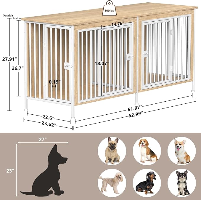 EasyCom 63" Dog Cage Furniture for 2 Pets with Divider, XL Wooden Double Dog Crate Furniture TV Stand for Mideum Breed, Durable and Sturdy-PurrikoPets