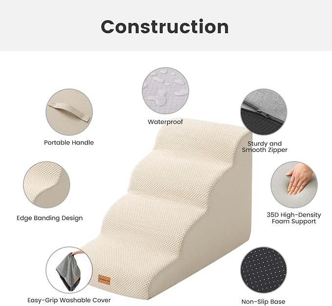 Gardner Pet Dog Stairs for Small Dogs 19.7" H, 4-Step Beige Curved Pet Stairs, Dog Steps for High Bed (18-24 in), Couch with Durable Non-Slip Waterproof Fabric Cover and CertiPUR-US Certified Foam-PurrikoPets