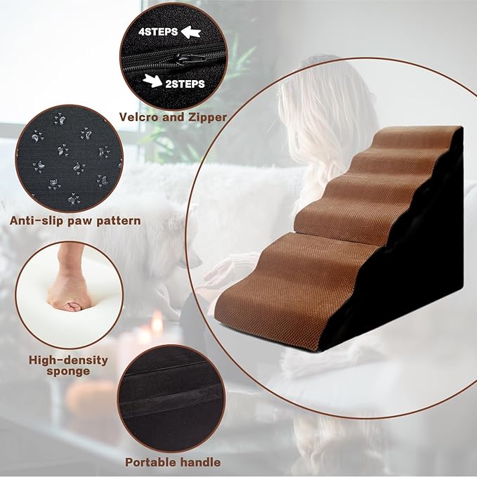 Dog Steps for High Beds 30-32" H - 6-Step Dog Stairs for Small Dogs, 33D Foam Pet Steps for High Bed with Non-Slip Bottom and Washable Cover, Dogs Ramp for Bed Indoor, Brown-PurrikoPets
