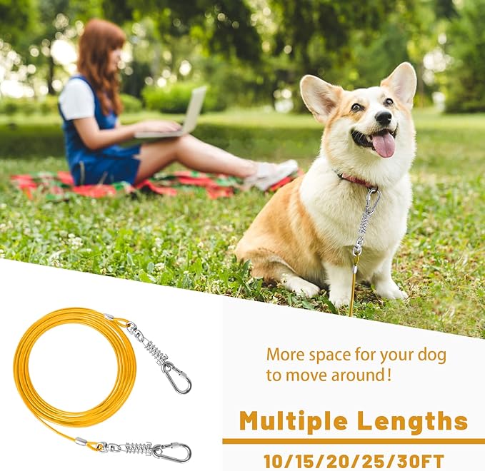 Dog Tie Out Cable - 10/15/20/25/30FT Heavy Duty for Large Dogs Up to 250LBS - Rosy Pink/Blue/Purple/Silver/Red/Green/Yellow-PurrikoPets