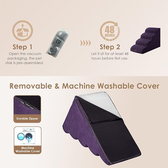 EHEYCIGA Curved Dog Stairs Ramp for High Beds 19.7" H, 4-Step Dog Steps for Small Dogs and Cats, Pet Stairs for High Bed Climbing, Non-Slip Balanced Pet Step Indoor, Purple-PurrikoPets