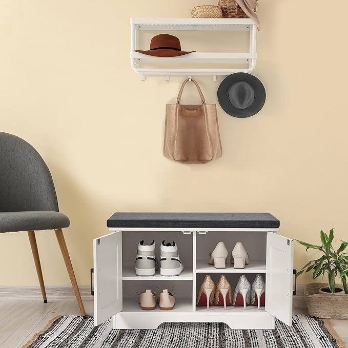 2-Tier Storage Bench, Shoe Bench with Padded Seat Cushion, Entryway Bench with 2 Barn Doors, Adjustable Shelf, 13.8" D x 27.6" W x 17.7" H, for Entryway, Living Room, Bedroom, White-PurrikoPets