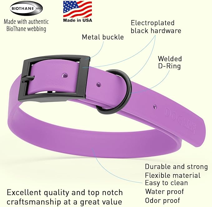 Dogline Biothane Waterproof Dog Collar Strong Coated Nylon Webbing with Black Hardware Odor- Proof for Easy Care Easy to Clean High Performance Fits Small Medium or Large Dogs, Amethyst Purple-PurrikoPets