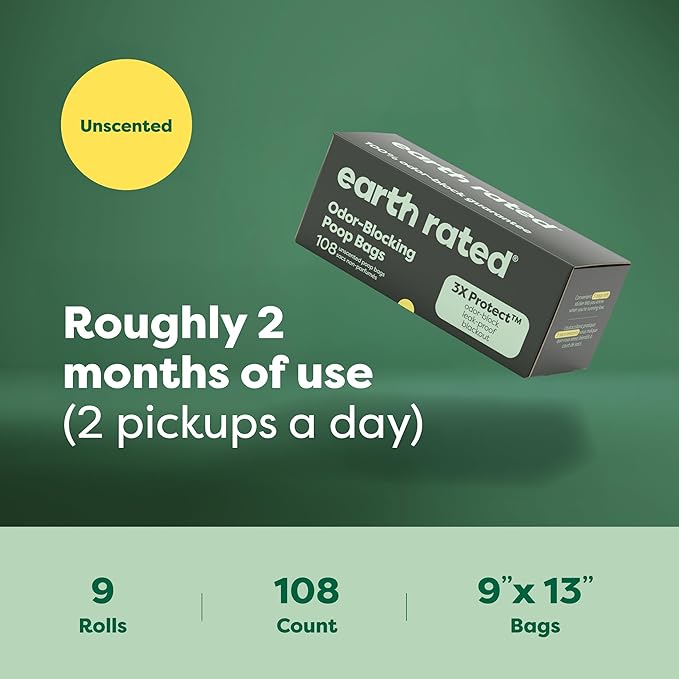 Earth Rated Odor-Blocking Poop Bags for Dogs with 3X Protect, Guaranteed to Block Smells & Leak-Proof Performance, Conceals Smell & Mess, Unscented, 108 Count-PurrikoPets