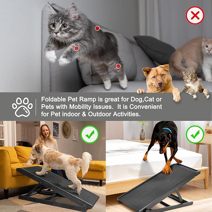 ABORON Dog Ramp,Adjustable Folding Pet Ramp for Bed,Couch,SUV - High Traction Portable Rubber Paw Ramps,Great for Small & Large Old Dogs & Cats, Supports up to 200 lbs,39.3''Long-PurrikoPets