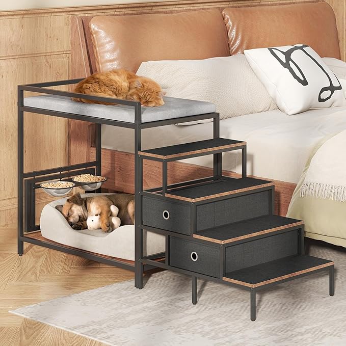 Dog Window Perch with 360° & Adjustable Raised Feeder, Pet Bunk Bed with Removable Stair and 2 Drawers, Elevated Platform Bed, Pet Elevated Seat with Cushion, Paw-Friendly Ladder-PurrikoPets