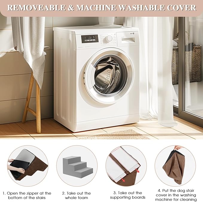 GGIB Dog Stairs for Small Dogs Cats Non-Slip Dog Steps for High Bed Pet Stairs for Sofa Couch Pet Ramp Pet Steps with Removable Washable Cover, Brown, 17" H, 4-Step-PurrikoPets