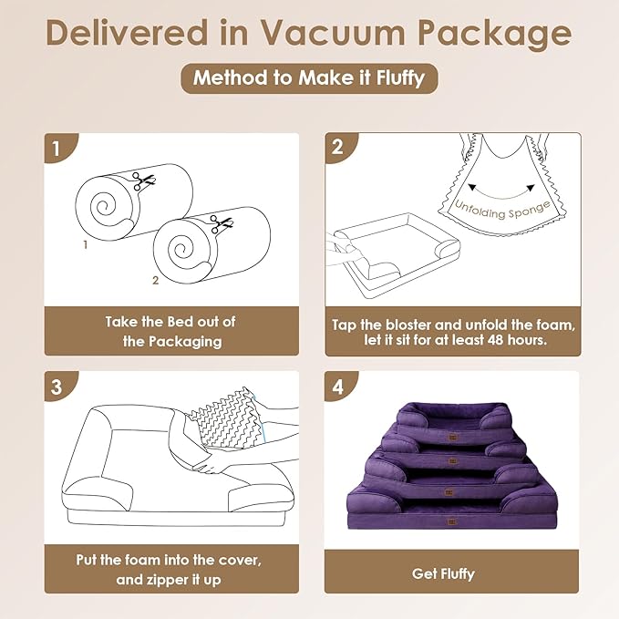 EHEYCIGA Orthopedic Dog Beds for Large Dogs, Waterproof Memory Foam Large Pet Bed with Sides, Non-Slip Bottom and Egg-Crate Foam Dog Couch Bed with Washable Removable Cover, Purple-PurrikoPets