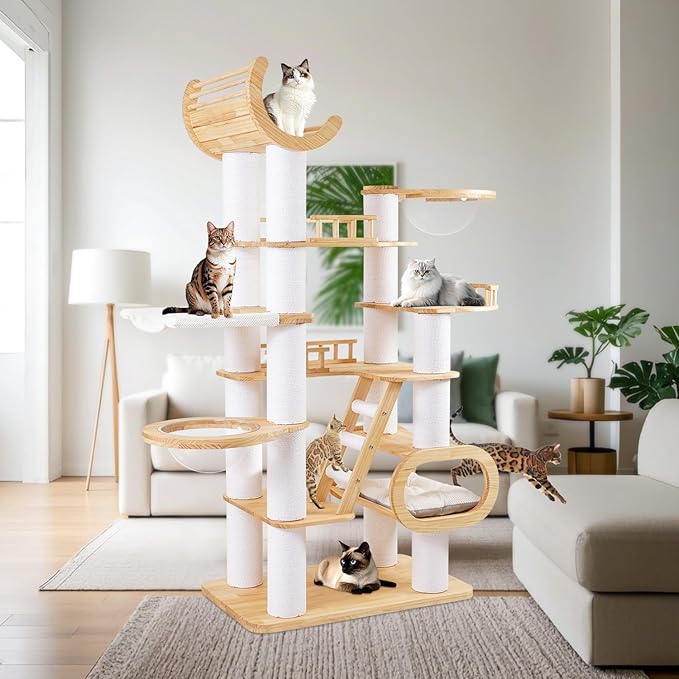 82.7'' Large Cat Tree, Modern Cat Tower with Scratching Post, Luxury Cat House, Wood Cat Tree for Indoor Cats Large Adult, Multi-Level Activity Center with Hammock, Clear Bowl, Semi-Closed Condo-PurrikoPets