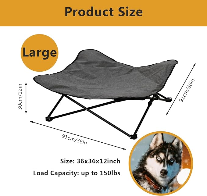 Elevated Dog Bed, Portable Raised Pet Cot for Outdoor and Indoor Folding Dog Cot Bed with Padded Filling Carrying Bag Included Pet Raised Travel Lounger for Camping Traveling (36x36x12inch)-PurrikoPets