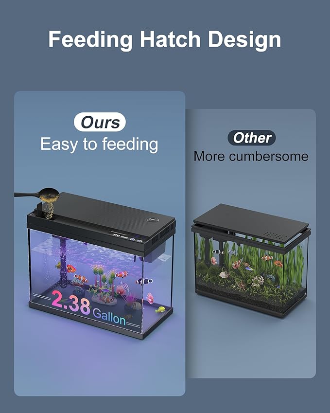 Fish Tank Aquarium Kit, 2.38 Gallon Beta Fish Aquariums, UHD Glass,Temperature Sensing, 7-Color Lighting Small Fish Tank for Kids/Desktop Decor-PurrikoPets