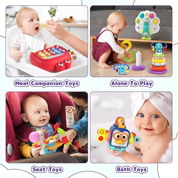 5 in 1 Baby Toy for 12 18 Month, Learning Toys for Babies 12-18 Months, Baby Busy Cube, Stacking&Sensory, Pull String&Piano Xylophone Toy, Birthday Gift for 12+ Month-PurrikoPets
