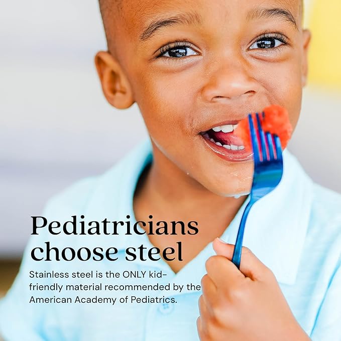 Ahimsa Stainless Steel Kids Utensils - Kids Fork and Spoon Set, Pediatrician Designed Toddler Utensils, 100% BPA Free & Dishwasher Safe (Iridescent Blue)-PurrikoPets