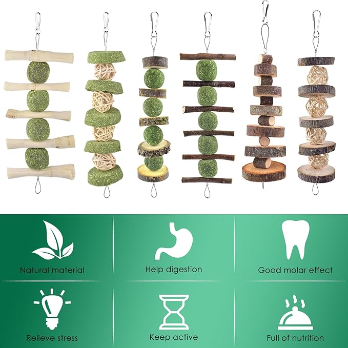 ERKOON Bunny Chew Toys, Rabbit Chew Toys for Teeth Grinding, Improve Dental Health, 100% Natural Apple Wood Timothy Grass Cake Treats for Rabbits Guinea Pigs Chinchillas Bunnies Hamsters (9 Pcs)-PurrikoPets