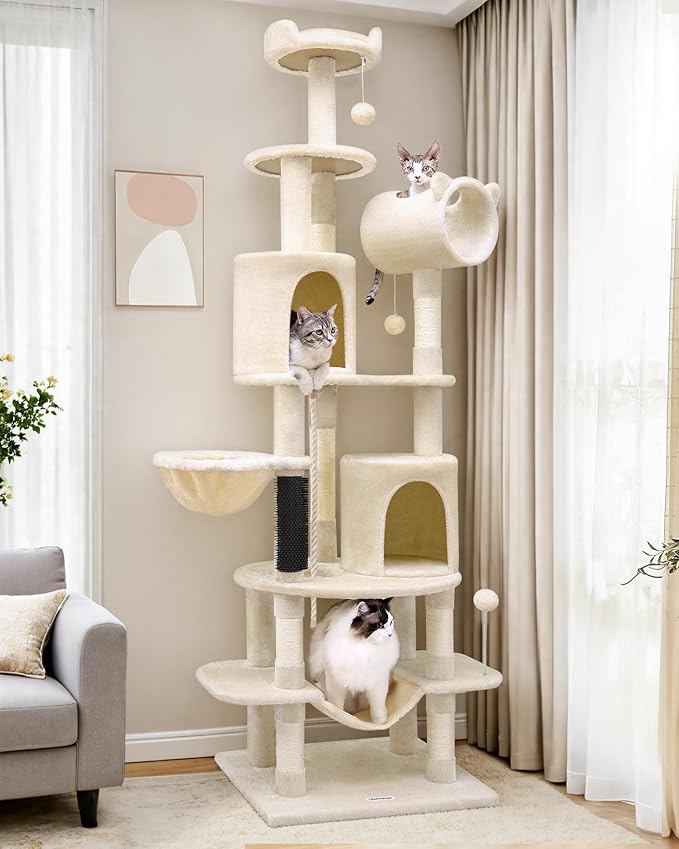 Globlazer Artistic Curved Cat Tower for Small Cats (Under 12 lbs), 81-inch Slim Design Cat Tree with Space-Saving Design, Indoor Cat Condo with Hammock & Tunnel, C81, Beige, Non-Large Cats-PurrikoPets