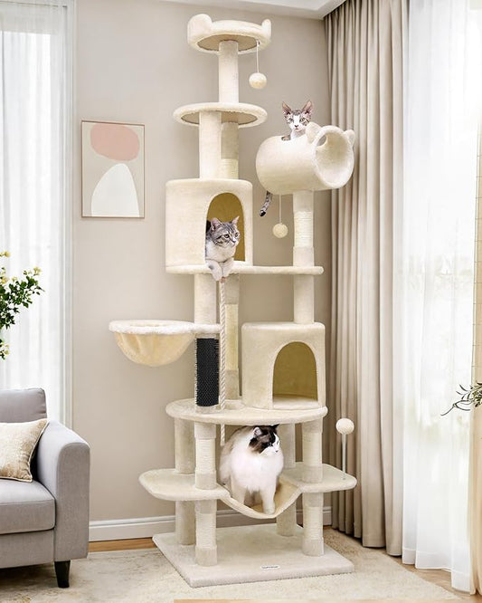 Globlazer Artistic Curved Cat Tower for Small Cats (Under 12 lbs), 81-inch Slim Design Cat Tree with Space-Saving Design, Indoor Cat Condo with Hammock & Tunnel, C81, Beige, Non-Large Cats-PurrikoPets