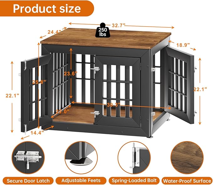 32" Heavy Duty Dog Crate Furniture for Small,Medium and Large Dogs,Rustic Wooden Dog Cage Kennel Indoor Furniture with Waterproof Top,Decorative Pet House Side End Table (Black & Wood)-PurrikoPets