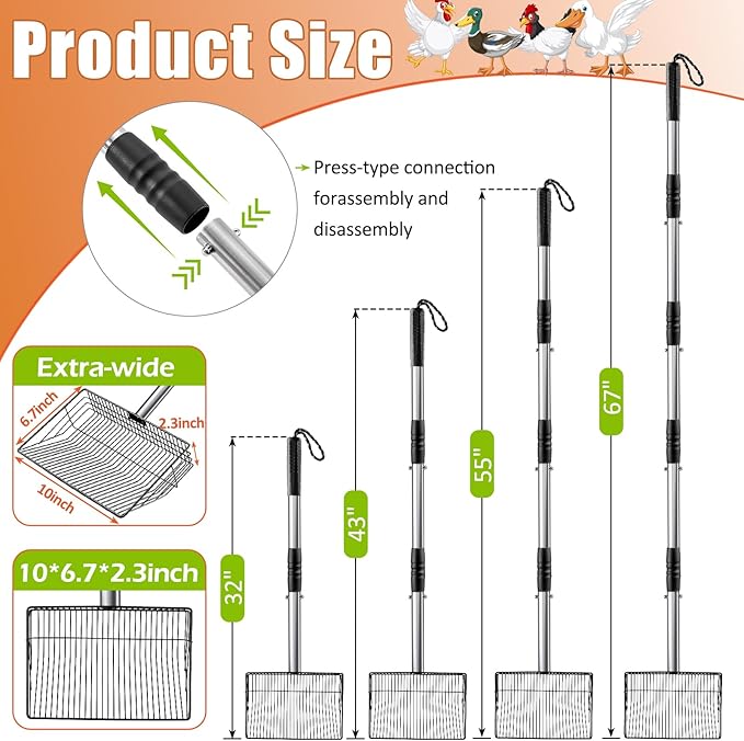 Esmorah 10 Inch Large Metal Chicken Poop Scooper for Sand & Coop Cleaning - Long Sifting Shovel with 24"-68" Adjustable Handle, 5 Lengths Heavy Duty Stainless Steel-PurrikoPets