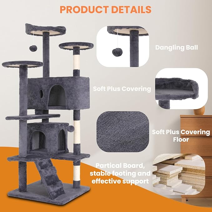 54.7 inches Cat Tower for Indoor Cats Multi-Level Cat Condos for Cat Tree Cat Climbing Tower with Scratching Posts, Hanging Toys,Ashy-PurrikoPets