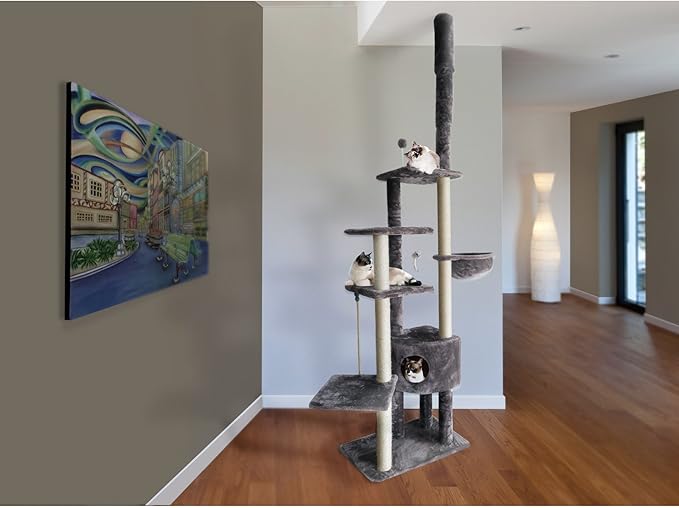 Furhaven 100"-113" Tall Cat Tree for Indoor Cats w/ Adjustable Height, Ft. Sisal Scratching Posts, Condo, & Toys - Tiger Tough Skyscraper Interactive Playground Tower - Gray, One Size-PurrikoPets