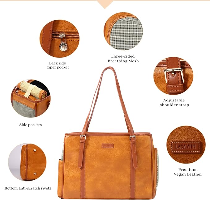 Fashion Dog Purse Pet Carrier Leather Bag for Small Dogs Cats Puppy, Portable Tote Bag Airline Approved Soft-Sided Carriers (Brown)-PurrikoPets