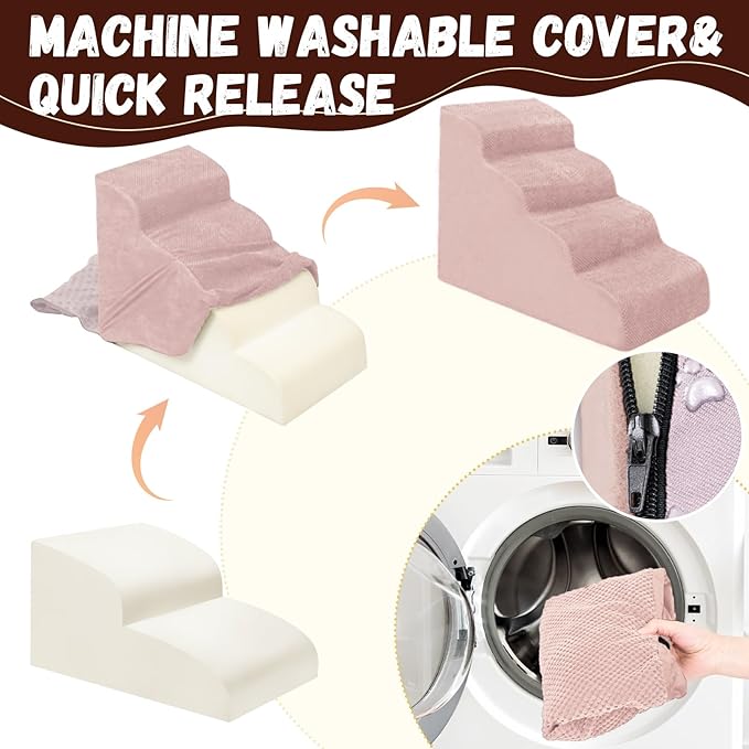 Dog Stairs for Small Dogs - High Density Foam Pet Steps, Extra Wide Dog Ramp with Non-Slip Bottom for High Beds, Couch and Sofa, Best for Dogs Injured, Older Doggy Cats,4 Stpes, Pink-PurrikoPets