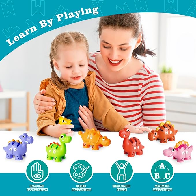 52 PCS Dinosaur Alphabet Learning Toys for Toddlers Kids 3-5, 10 Different Dinosaur Figures, Double Sided ABC Matching Game, Preschool Activities Montessori Fine Motor Toys for Toddlers Kids-PurrikoPets
