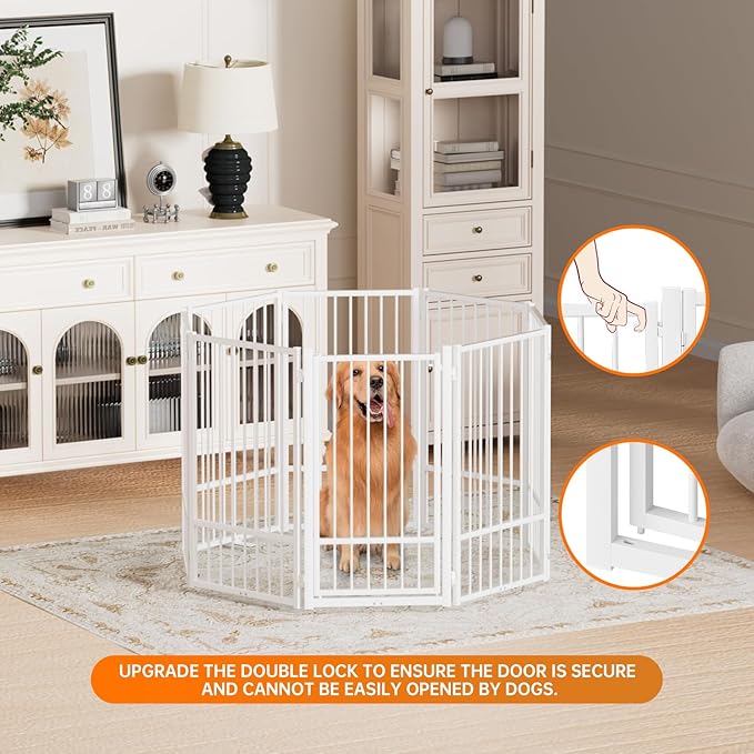 Full Metal Freestanding Dog Gate with Door, 36''Height Foldable Pet Dog Fence for Indoor & Outdoor, 8 Panels Extra Wide Free Standing TallDog Gates for Doorways,House,Stairs,Porch,Deck,Yard-PurrikoPets
