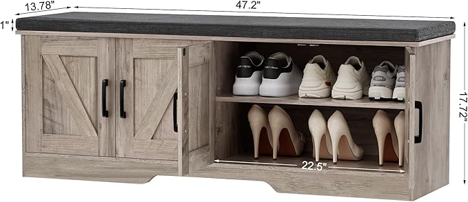 2-Tier Storage Bench, Shoe Bench with Padded Seat Cushion, Entryway Bench with 4 Barn Doors, Adjustable Shelf, 13.8" D x 47.2" W x 17.7" H, for Entryway, Living Room, Bedroom, Greige-PurrikoPets