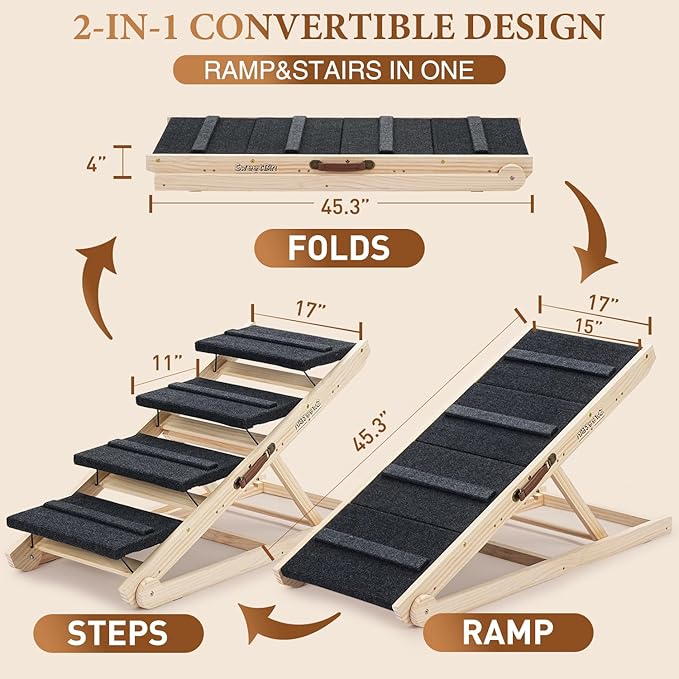 2025 Upgraded Dog Steps for Bed & Couch - 2-in-1 Dog Stairs/Ramp for Small to Large Breeds - 45.3" Long Adjustable 14"-26" Up to 200LBS - Folding Portable Wooden Pet Stairs for high Bed Couch Car-PurrikoPets