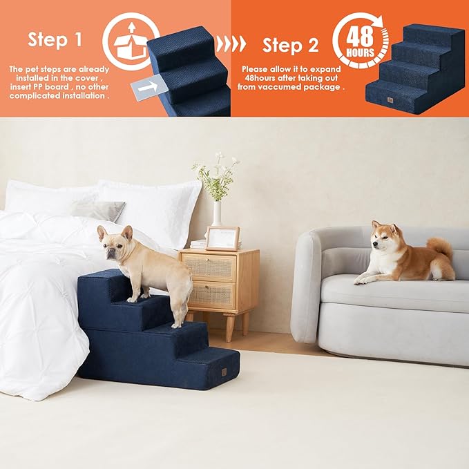 EHEYCIGA Dog Stairs for Bed 20" H, 4-Step Extra Wide Dog Steps for High Bed, Pet Steps for Small Dogs and Cats, Non-Slip Balanced Pet Ramp Indoor, Navy Blue-PurrikoPets
