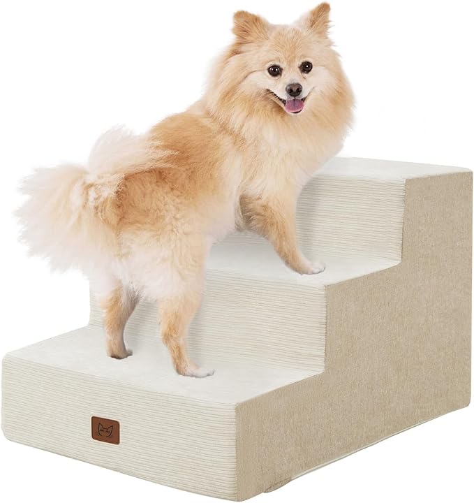 Dog Stairs for Bed, Dog Steps for Bed Couch Sofa, 35D Foam Pet Steps for Small Dogs and Cats, Extra Wide Pet Stairs with Non-Slip Bottom Beige, 3 Steps-PurrikoPets