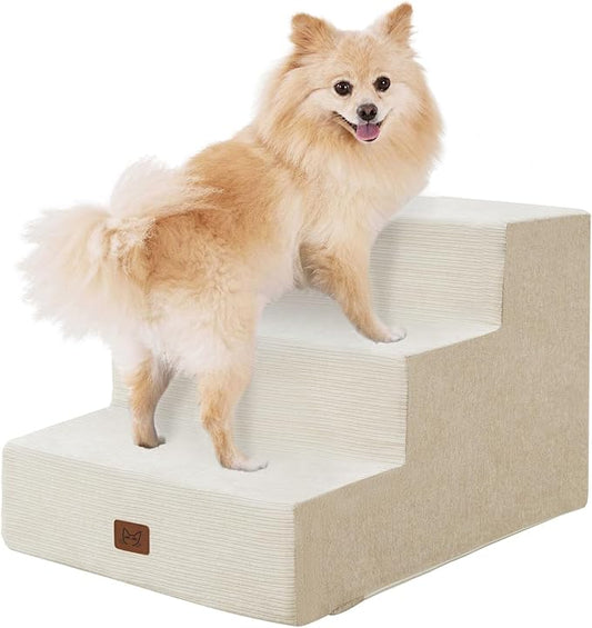 Dog Stairs for Bed, Dog Steps for Bed Couch Sofa, 35D Foam Pet Steps for Small Dogs and Cats, Extra Wide Pet Stairs with Non-Slip Bottom Beige, 3 Steps-PurrikoPets