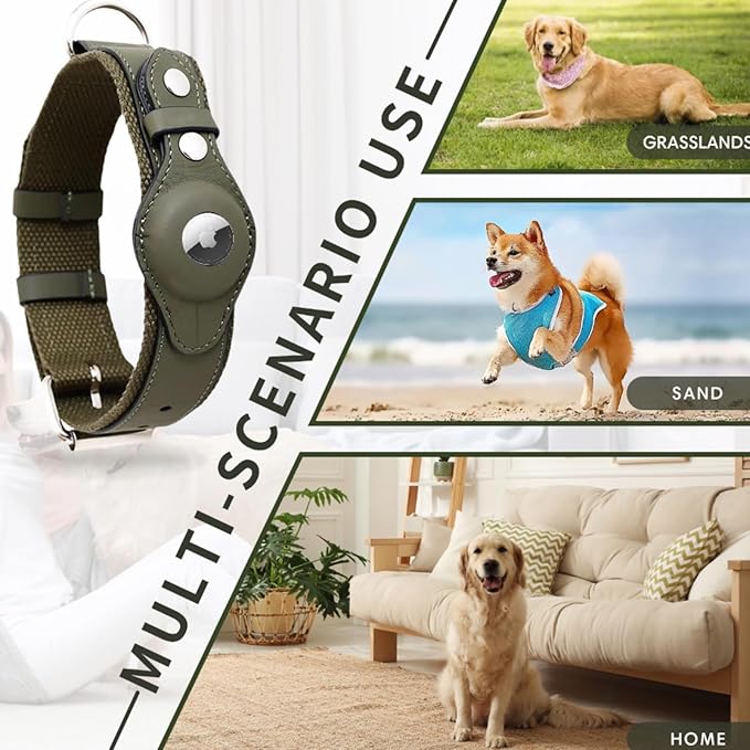 AirTag Dog Collar Soft Leather Webbing Dog Collar for AirTag Provides Double Protection for Small Medium and Large Dogs(Black,M)-PurrikoPets