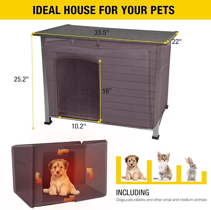 Aivituvin Dog House with Insulated Liner, Outdoor Indoor Weatherproof Dog House for Winter, Suitable for Small & Medium & Large Dogs with Unique All-Around Iron Frame(Grey)-PurrikoPets