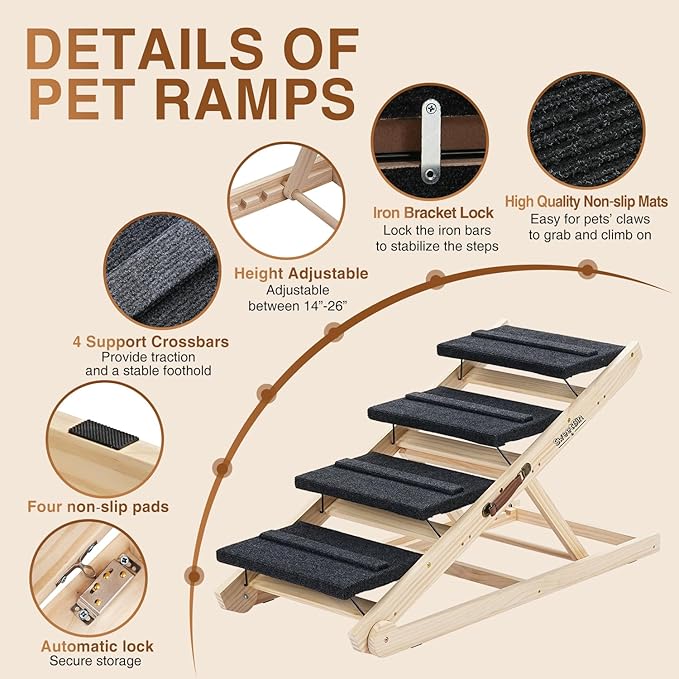 2025 Upgraded Dog Steps for Bed & Couch - 2-in-1 Dog Stairs/Ramp for Small to Large Breeds - 45.3" Long Adjustable 14"-26" Up to 200LBS - Folding Portable Wooden Pet Stairs for high Bed Couch Car-PurrikoPets