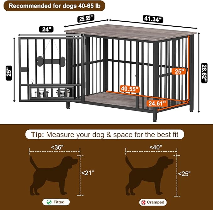 Easycom 41" Dog Crate Furniture Foldable, No Assembly Decorative Dog Kennel Indoor, Dog Crates for Large Dogs (40-65 lbs), Wooden Dog Cage with Adjustable Bowls and Name Tag, End Table, Oak Grey-PurrikoPets