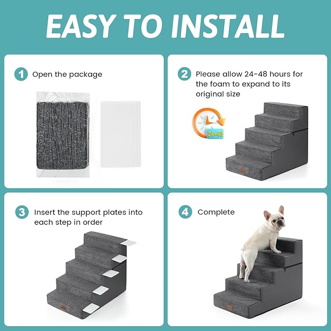 Dog Stairs for Small Dogs, 5 Tier Removable Wider Pet Stairs for Couch and Bed, 23.6" H Non-Slip Dog Steps for Puppies and Old Cats with Support Board, 29.5x19.7x23.6 inch, Dark Grey-PurrikoPets