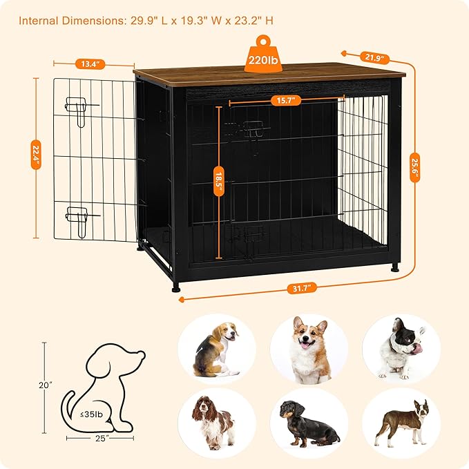 DWANTON Dog Crate Furniture with Cushion, Wooden Kennel Table with Double Doors, Indoor Dog House, Medium Size, 32.5" L, Black+Warm Brown-PurrikoPets