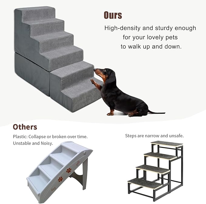 Dog Steps for High Beds 30-32" H - 6-Step Dog Stairs for Small Dogs, 33D Foam Pet Steps for High Bed with Non-Slip Bottom and Washable Cover, Dogs Ramp for Bed Indoor, Grey-PurrikoPets