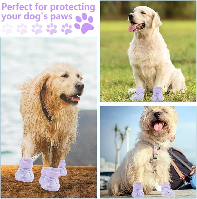 Dog Shoes, Dog Sandals for Hot Pavement, Non-Slip Waterproof Dog Booties for Winter Snowy Day and Summer, Adjustable Straps Easy-Clean Beach Outdoor Pet Boots Rugged Sole-4Pcs Purple-PurrikoPets
