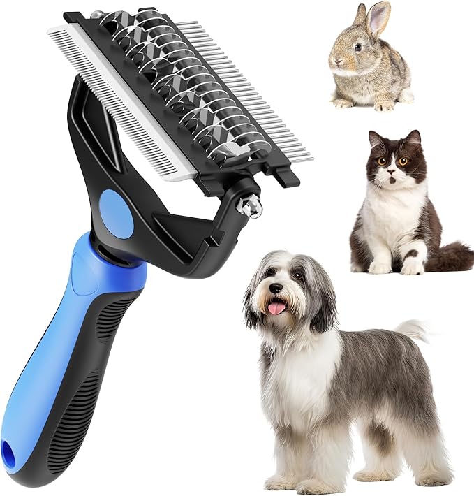 3-in-1 Pet Deshedding Tool – Grooming Brush for Dogs & Cats with Undercoat Rake & Dematting Comb (Blue)-PurrikoPets