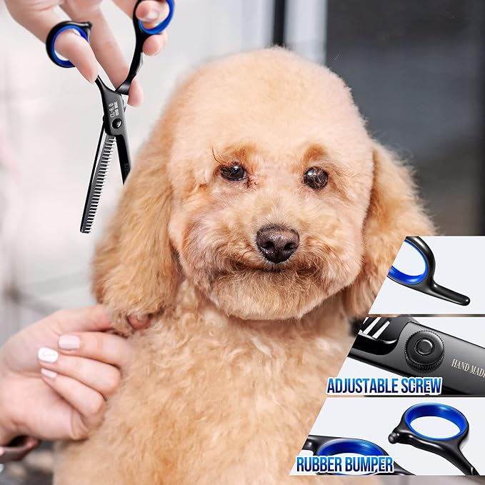 Gimars Dog Grooming Scissors Kit Professional 4CR with Safety Round Tip, 5 in 1 Heavy Duty Titanium Coated Thinning & Curved & Straight Shears-PurrikoPets