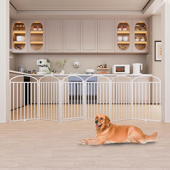 6 Panles Full Matel Freestanding Dog Gates with Door, 144"Extra Wide 36"Tall Free Standing Dog Pet Gate for Indoor & Outdoor. Foldable Pet Fences for Doorways, House, Stairs, Porch, Deck, Yard-PurrikoPets