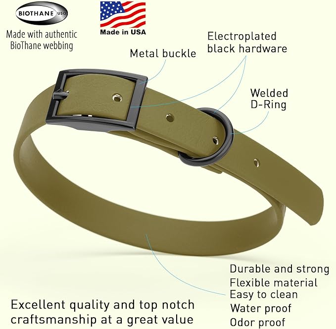 Dogline Biothane Waterproof Dog Collar Strong Coated Nylon Webbing with Black Hardware Odor- Proof for Easy Care Easy to Clean High Performance Fits Small Medium or Large Dogs, Olive Drab Green-PurrikoPets