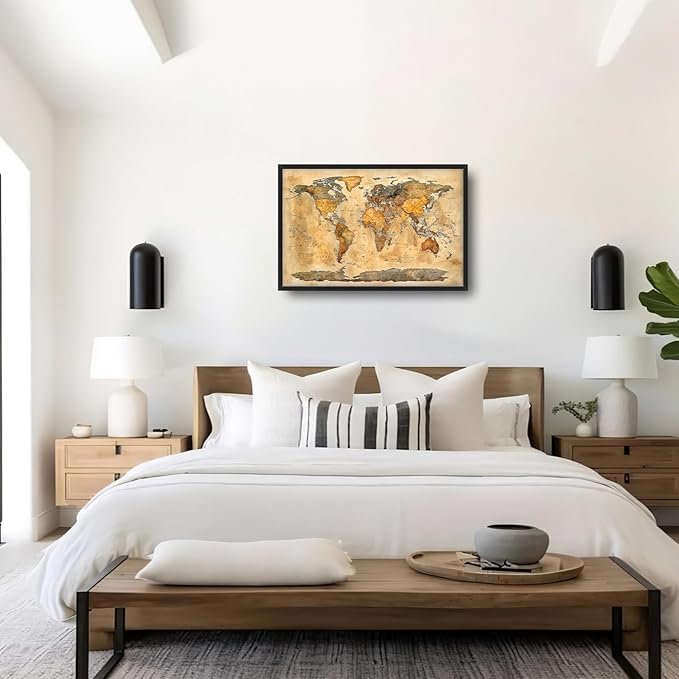 Extra Large World Map Framed Wall Art for Living Room,Oversized Vintage Map of The World Pictures Wall Decor,Canvas Print Painting Modern Artwork Bedroom Office Bathroom 36L" x 24W"-PurrikoPets