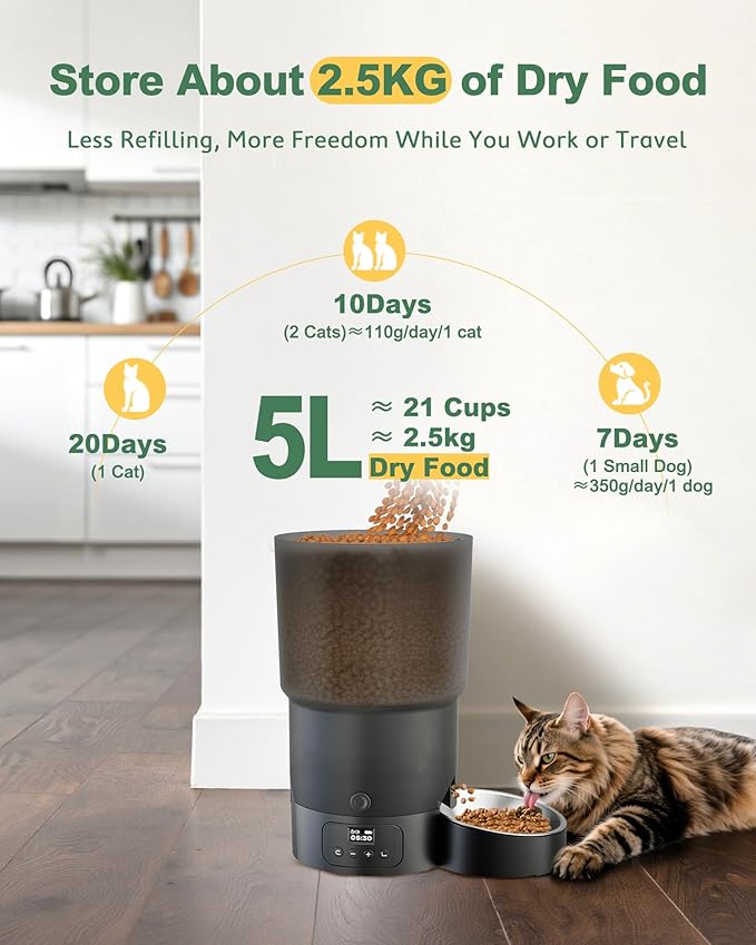 Gimars 5L/20 Cups Automatic Cat Feeder, Programmable 1-6 Meals Cat Food Dispenser with Stainless Steel Bowl, Easy Setup, Dual Power Supply,10s Meal Call Timed Pet Feeder for Cats and Small Dogs-PurrikoPets
